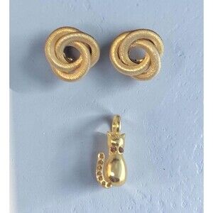 Vintage Sara Coventry Knot Earrings And KIS Cat Pendant W/Rhinestones